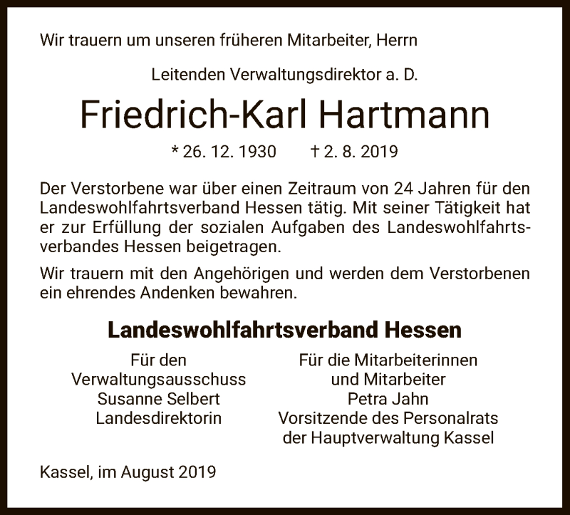  Traueranzeige für Friedrich-Karl Hartmann vom 10.08.2019 aus HNA
