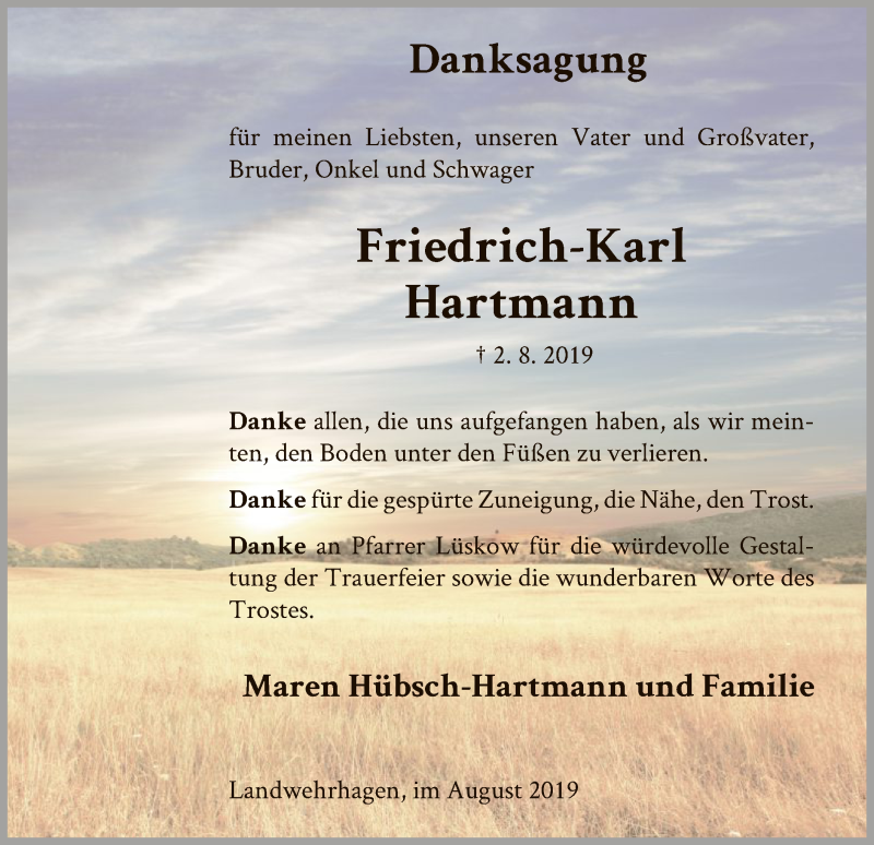  Traueranzeige für Friedrich-Karl Hartmann vom 17.08.2019 aus HNA