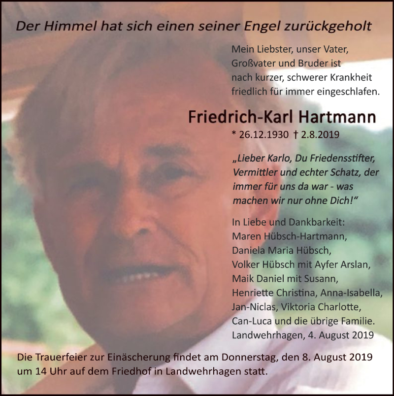  Traueranzeige für Friedrich-Karl Hartmann vom 06.08.2019 aus HNA