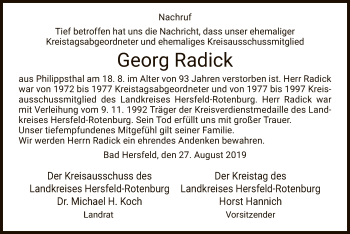 Traueranzeige von Georg Radick-Nachruf von HNA