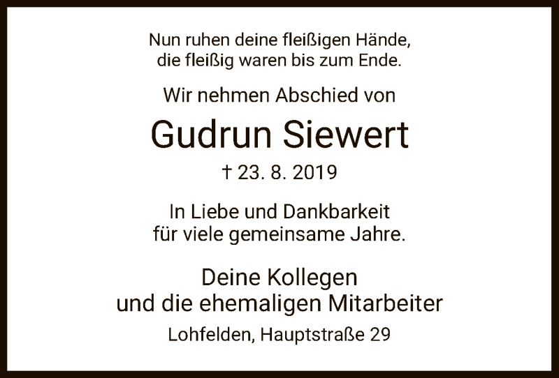  Traueranzeige für Gudrun Siewert vom 28.08.2019 aus HNA