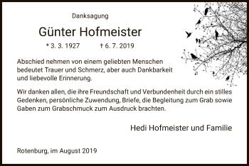 Traueranzeige von Günter Hofmeister von HNA