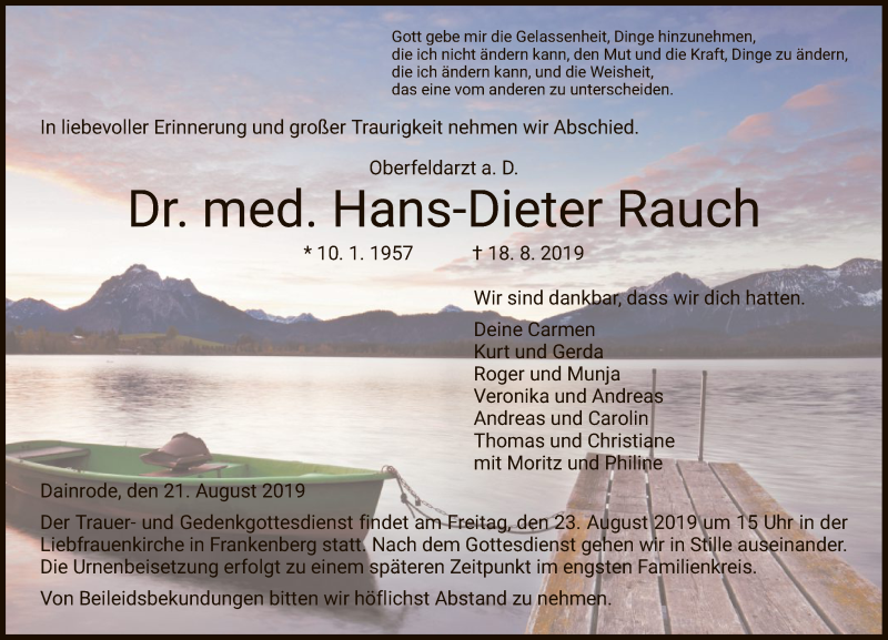  Traueranzeige für Hans-Dieter Rauch vom 21.08.2019 aus HNA