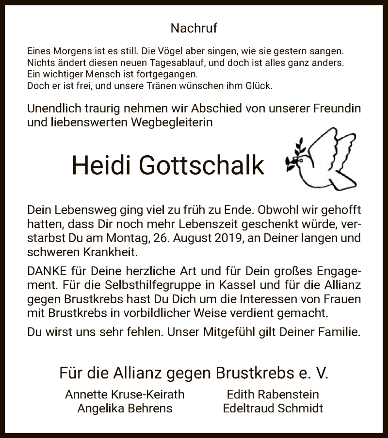  Traueranzeige für Heidi Gottschalk vom 31.08.2019 aus HNA