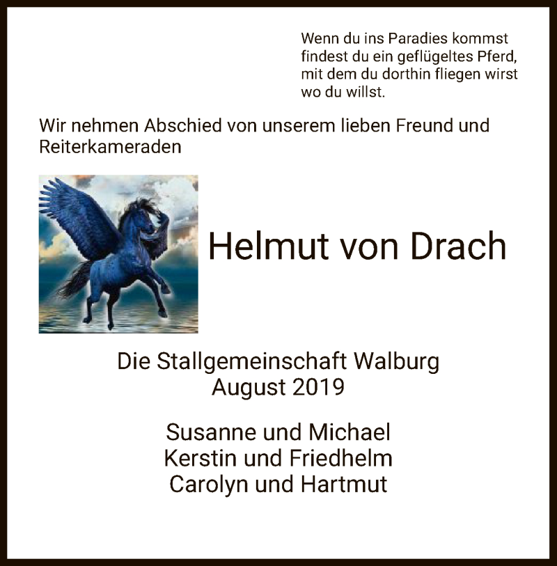  Traueranzeige für Helmut von Drach vom 15.08.2019 aus HNA