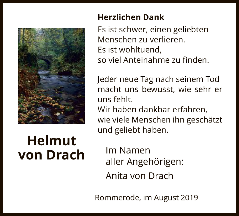  Traueranzeige für Helmut von Drach vom 31.08.2019 aus HNA