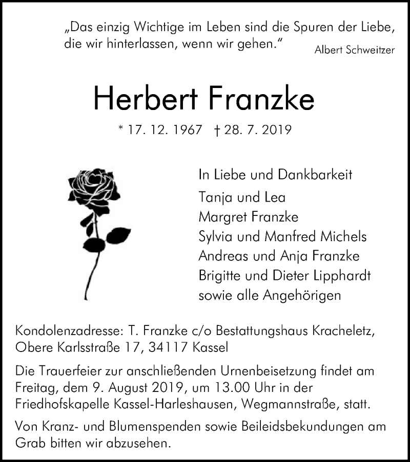  Traueranzeige für Herbert Franzke vom 07.08.2019 aus HNA