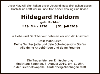 Traueranzeige von Hildegard Haldorn von HNA