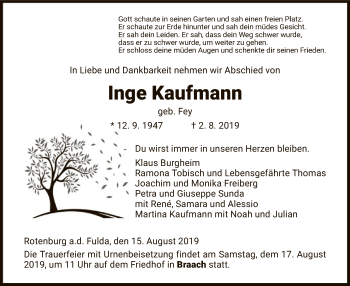 Traueranzeige von Inge Kaufmann von HNA