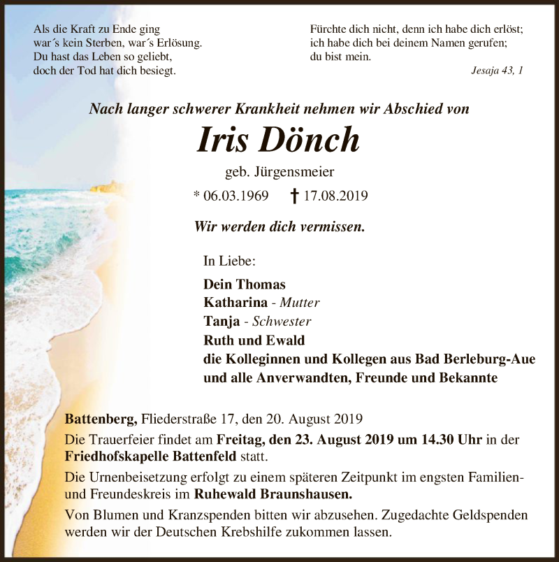  Traueranzeige für Iris Dönch vom 20.08.2019 aus HNA