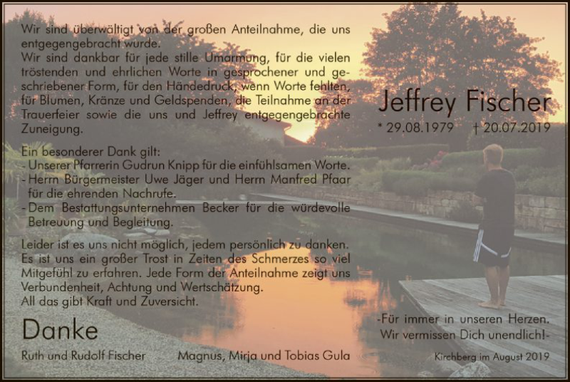  Traueranzeige für Jeffrey Fischer vom 17.08.2019 aus HNA