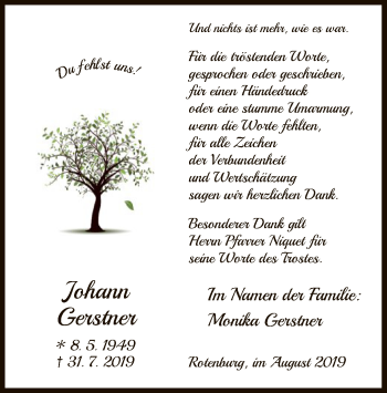 Traueranzeige von Johann Gerstner von HNA