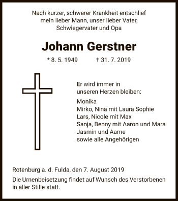 Traueranzeige von Johann Gerstner von HNA