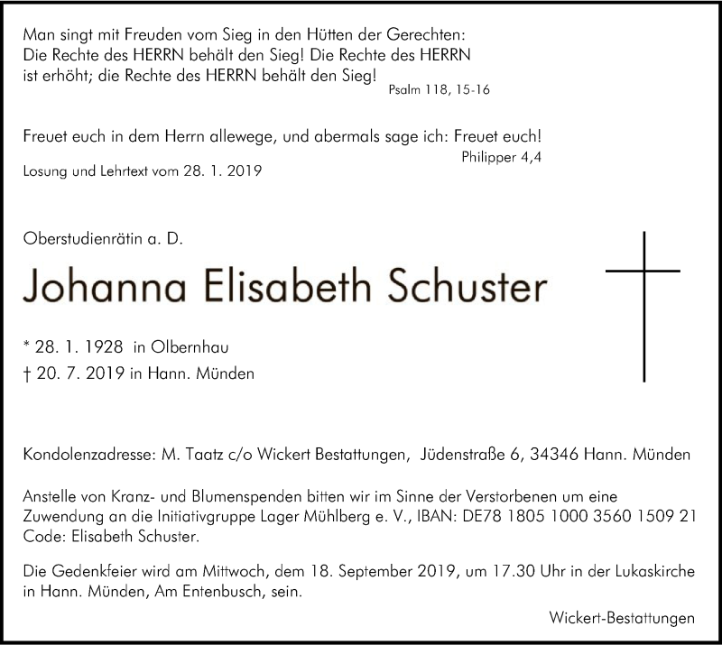 Traueranzeige für Johanna Elisabeth Schuster vom 10.08.2019 aus HNA