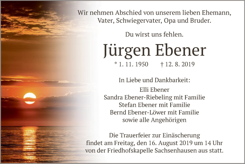  Traueranzeige für Jürgen Ebener vom 14.08.2019 aus HNA