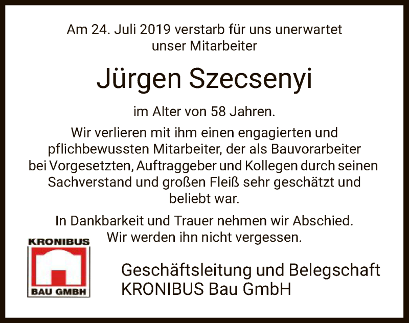  Traueranzeige für Jürgen Szecsenyi vom 17.08.2019 aus HNA