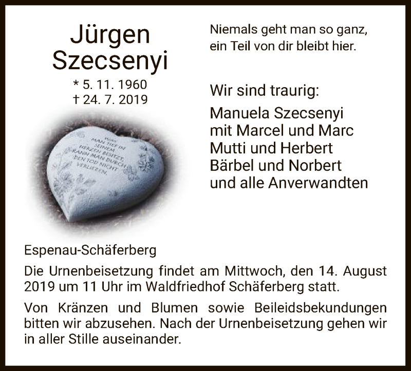  Traueranzeige für Jürgen Szecsenyi vom 10.08.2019 aus HNA