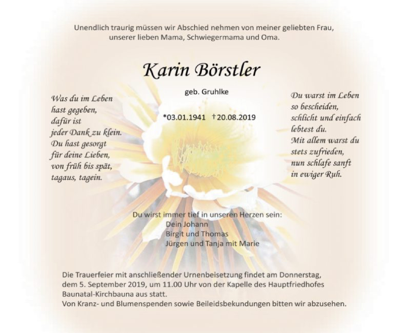 Traueranzeige für Karin Börstler vom 31.08.2019 aus HNA