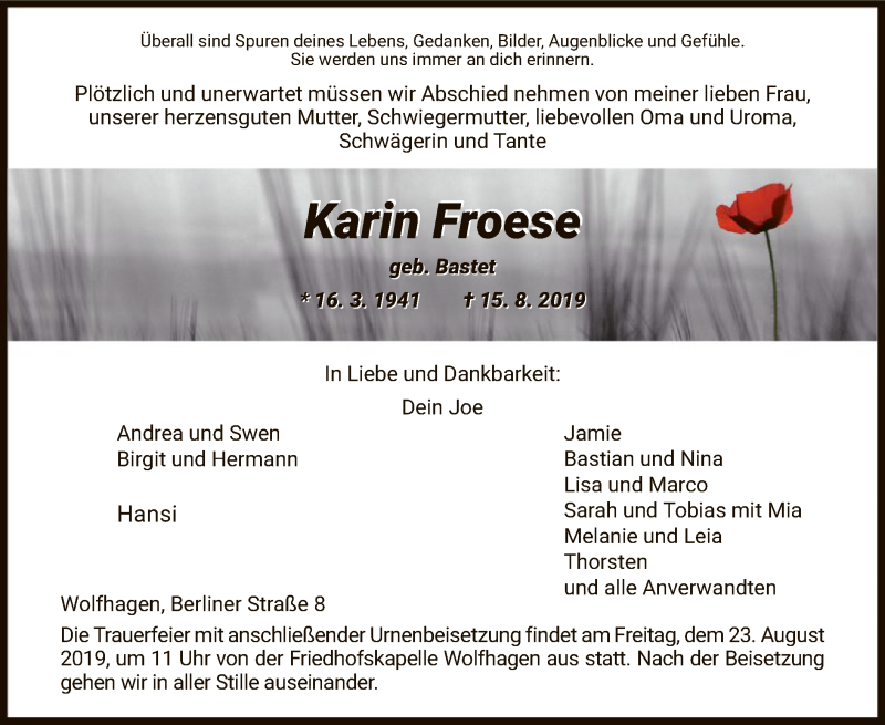  Traueranzeige für Karin Froese vom 17.08.2019 aus HNA