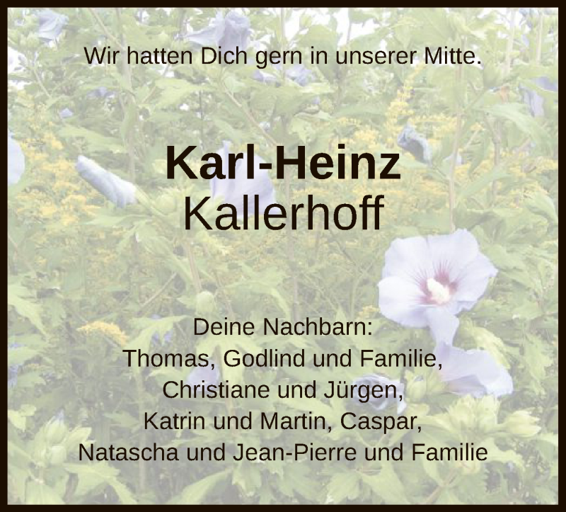  Traueranzeige für Karl-Heinz Kallerhoff vom 17.08.2019 aus HNA