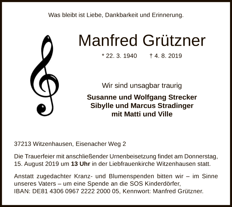  Traueranzeige für Manfred Grützner vom 10.08.2019 aus HNA