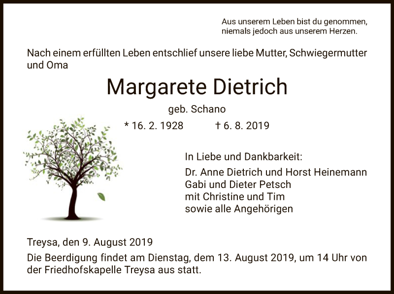  Traueranzeige für Margarete Dietrich vom 09.08.2019 aus HNA