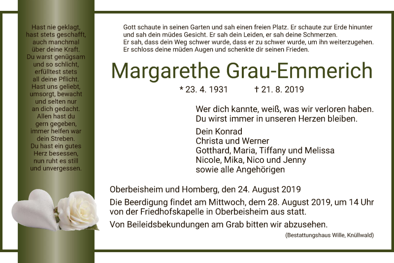  Traueranzeige für Margarethe Grau-Emmerich vom 24.08.2019 aus HNA
