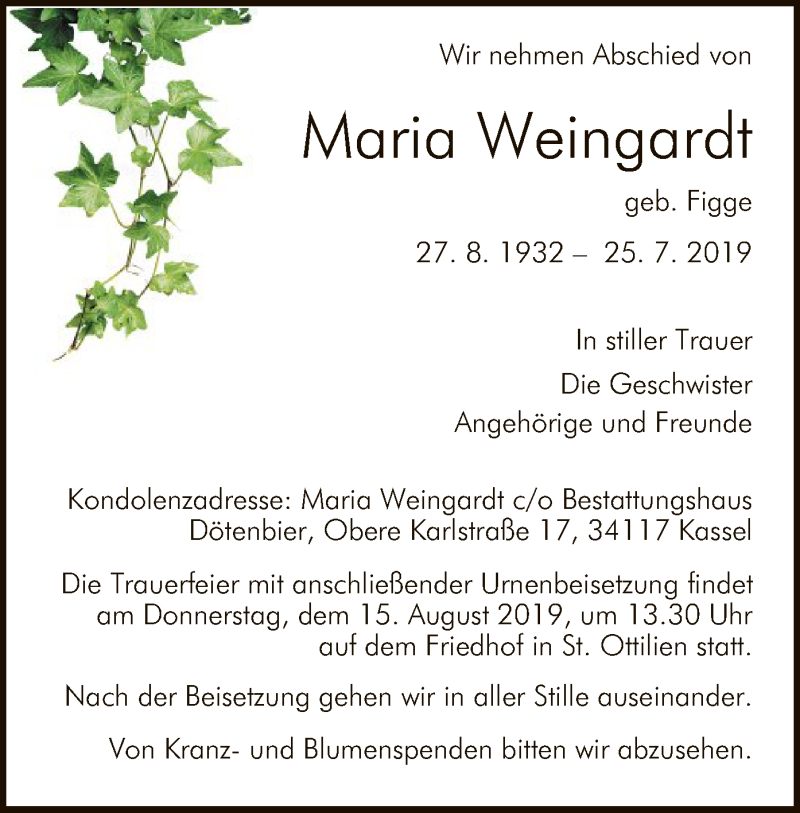  Traueranzeige für Maria Weingardt vom 10.08.2019 aus HNA