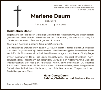 Traueranzeige von Marlene Daum von HNA