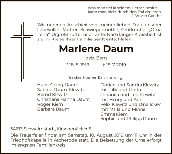 Traueranzeige von Marlene Daum von HNA