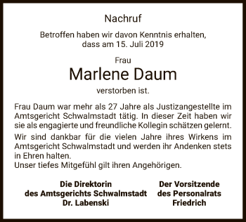 Traueranzeige von Marlene Daum von HNA