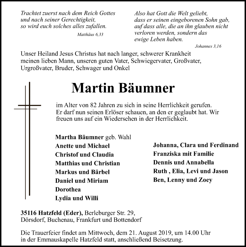  Traueranzeige für Martin Bäumner vom 20.08.2019 aus HNA
