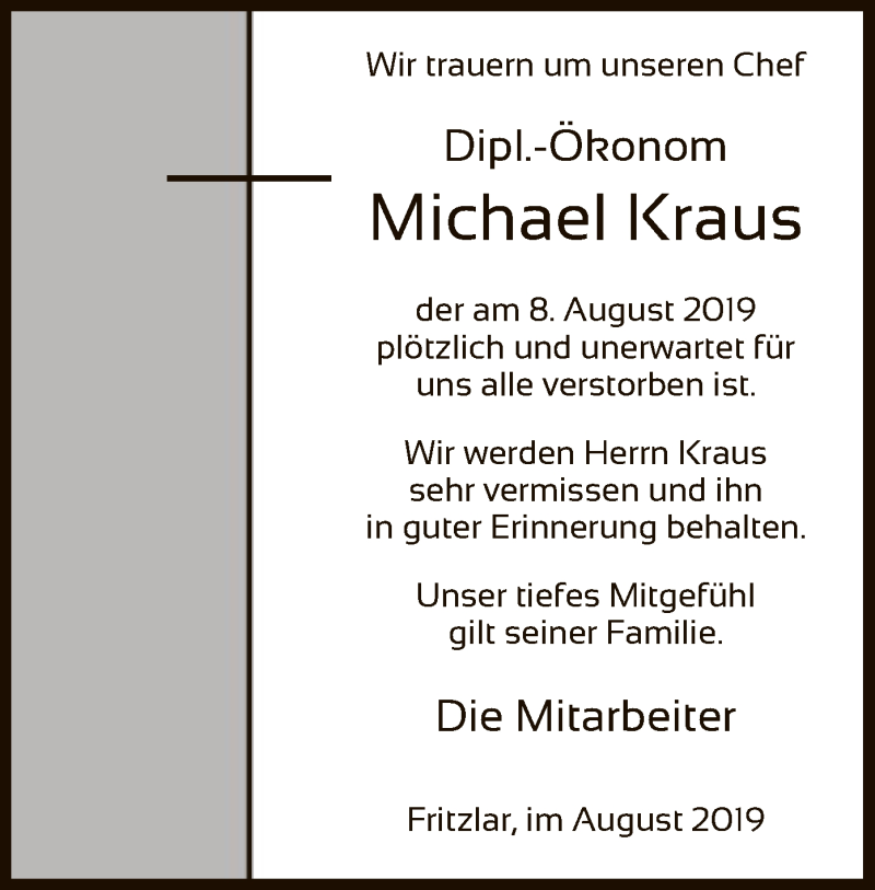  Traueranzeige für Michael Kraus vom 14.08.2019 aus HNA