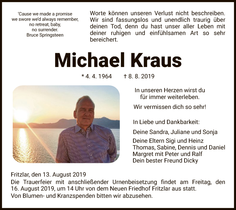  Traueranzeige für Michael Kraus vom 13.08.2019 aus HNA