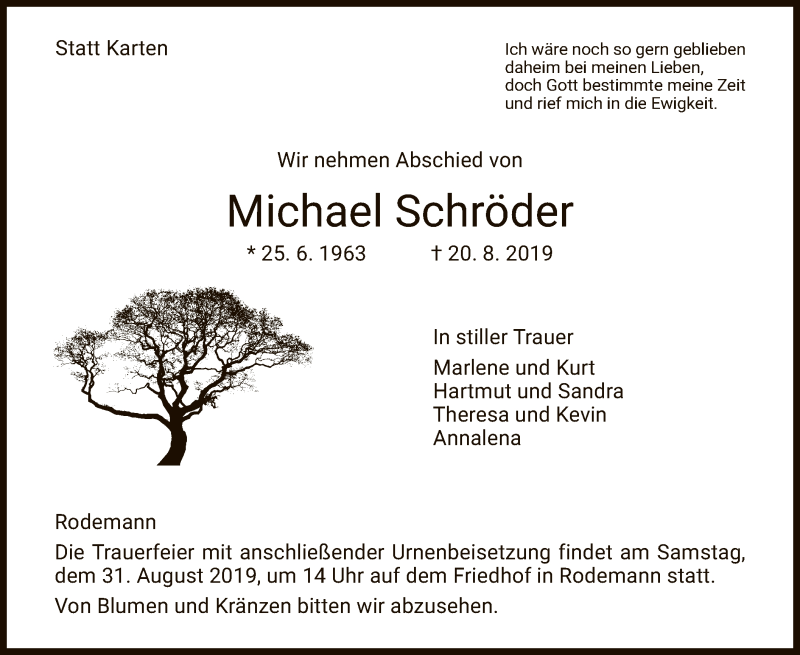  Traueranzeige für Michael Schröder vom 28.08.2019 aus HNA