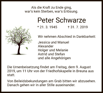 Traueranzeige von Peter Schwarze von HNA