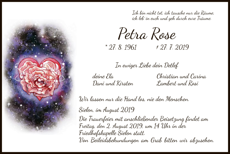  Traueranzeige für Petra Rose vom 01.08.2019 aus HNA
