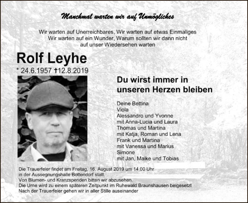 Traueranzeige für Rolf Leyhe vom 14.08.2019 aus HNA