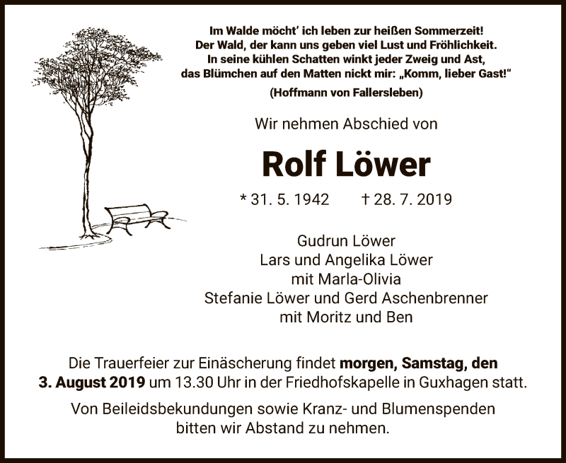  Traueranzeige für Rolf Löwer vom 02.08.2019 aus HNA