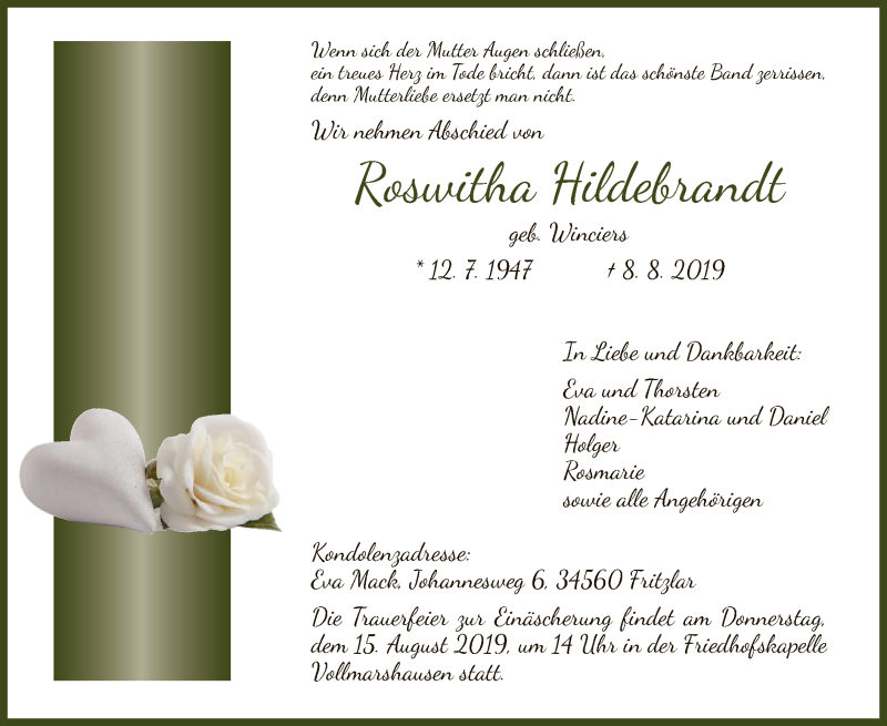  Traueranzeige für Roswitha Hildebrandt vom 12.08.2019 aus HNA