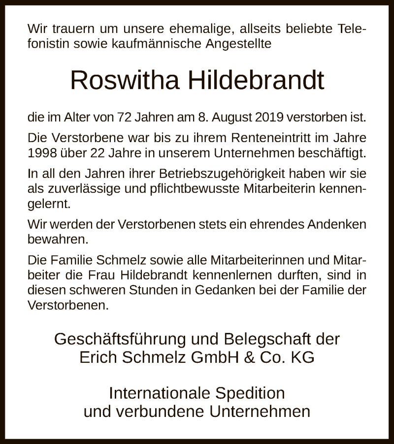  Traueranzeige für Roswitha Hildebrandt vom 15.08.2019 aus HNA