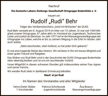 Traueranzeige von Rudolf Behr von HNA