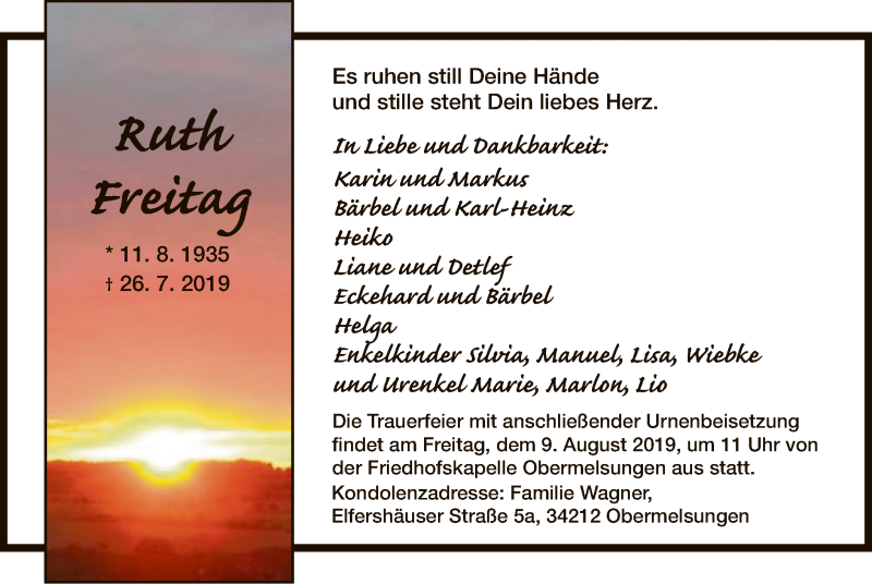  Traueranzeige für Ruth Freitag vom 06.08.2019 aus HNA