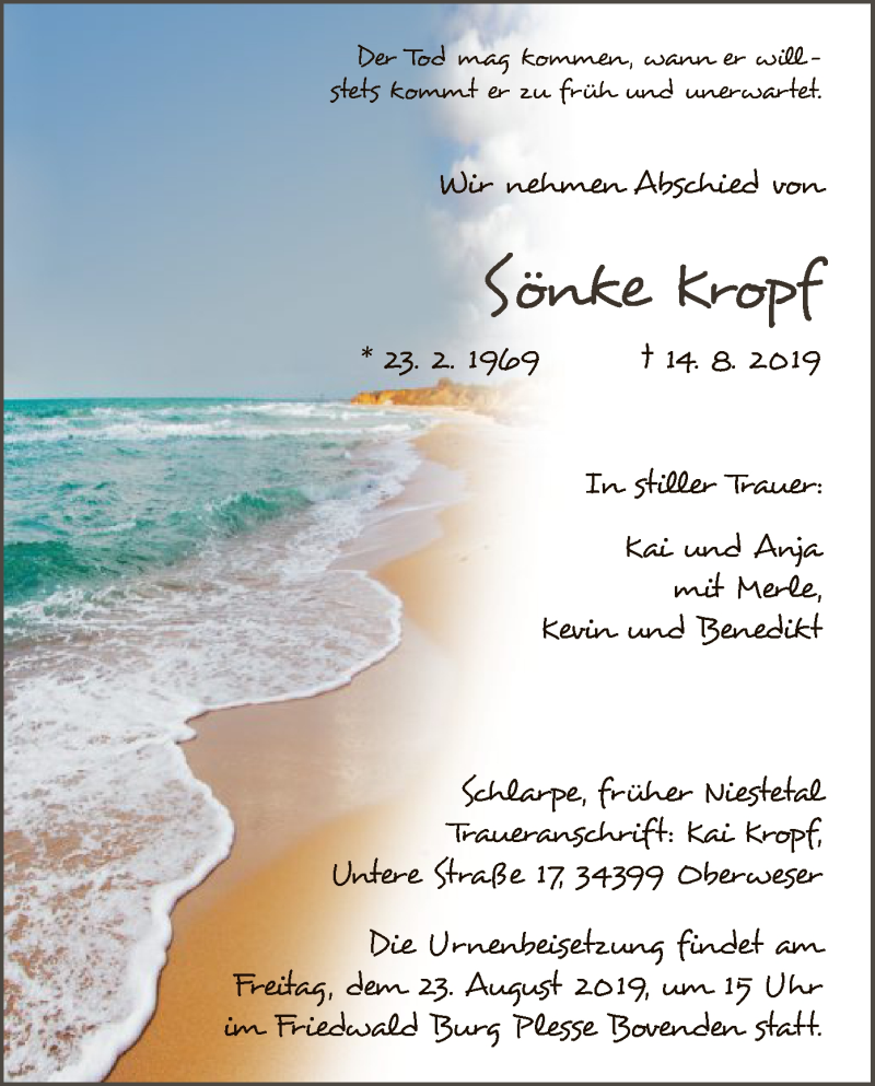  Traueranzeige für Sönke Kropf vom 17.08.2019 aus HNA