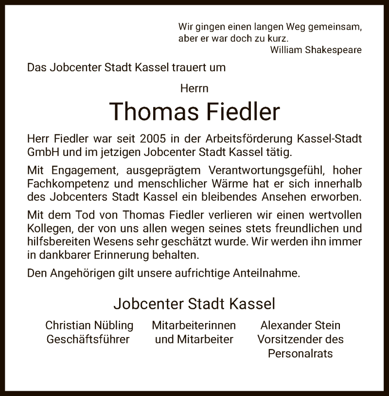  Traueranzeige für Thomas Fiedler vom 24.08.2019 aus HNA