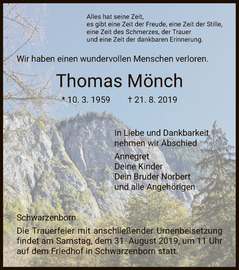  Traueranzeige für Thomas Mönch vom 28.08.2019 aus HNA