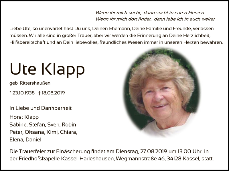  Traueranzeige für Ute Klapp vom 23.08.2019 aus HNA