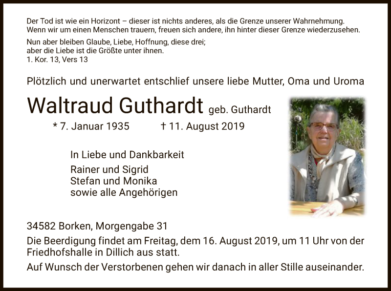  Traueranzeige für Waltraud Guthardt vom 14.08.2019 aus HNA