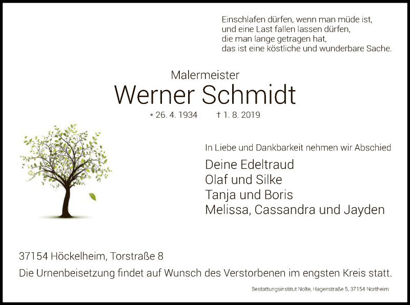  Traueranzeige für Werner Schmidt vom 03.08.2019 aus HNA