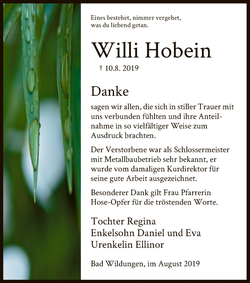  Traueranzeige für Willi Hobein vom 31.08.2019 aus HNA